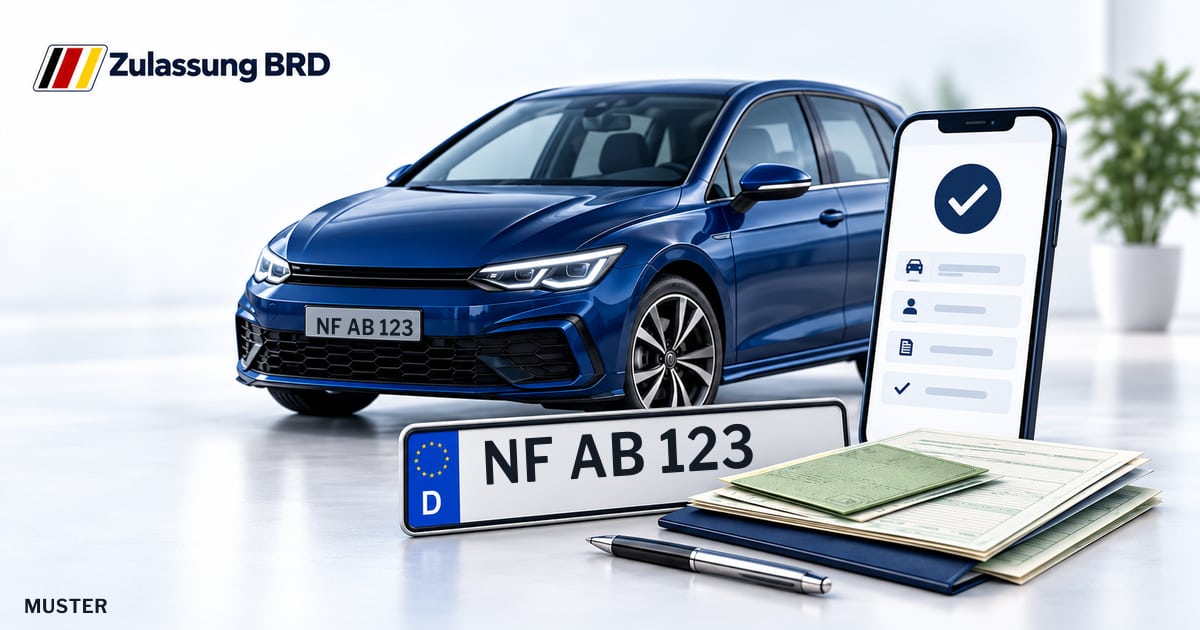 Online Fahrzeugzulassung in Landkreis Nordfriesland: Musterkennzeichen NF AB 123, Auto und Fahrzeugpapiere und Smartphone. Illustration mit Logo von Zulassung BRD.